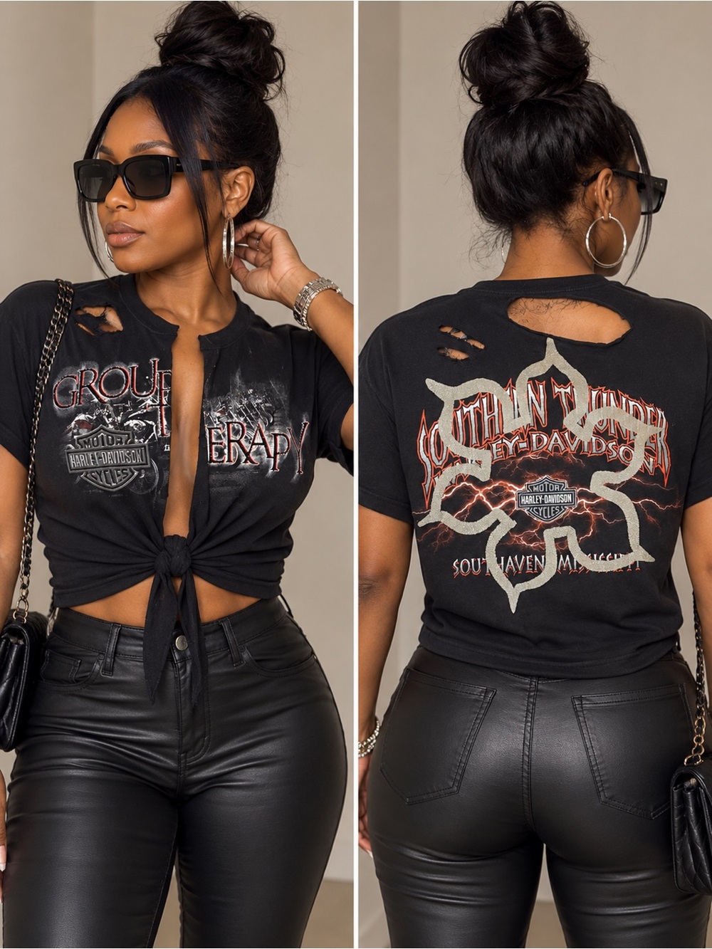 Upcycled Harley-Davidson Group Therapy Split Front Tie Graphic Tee – Size S